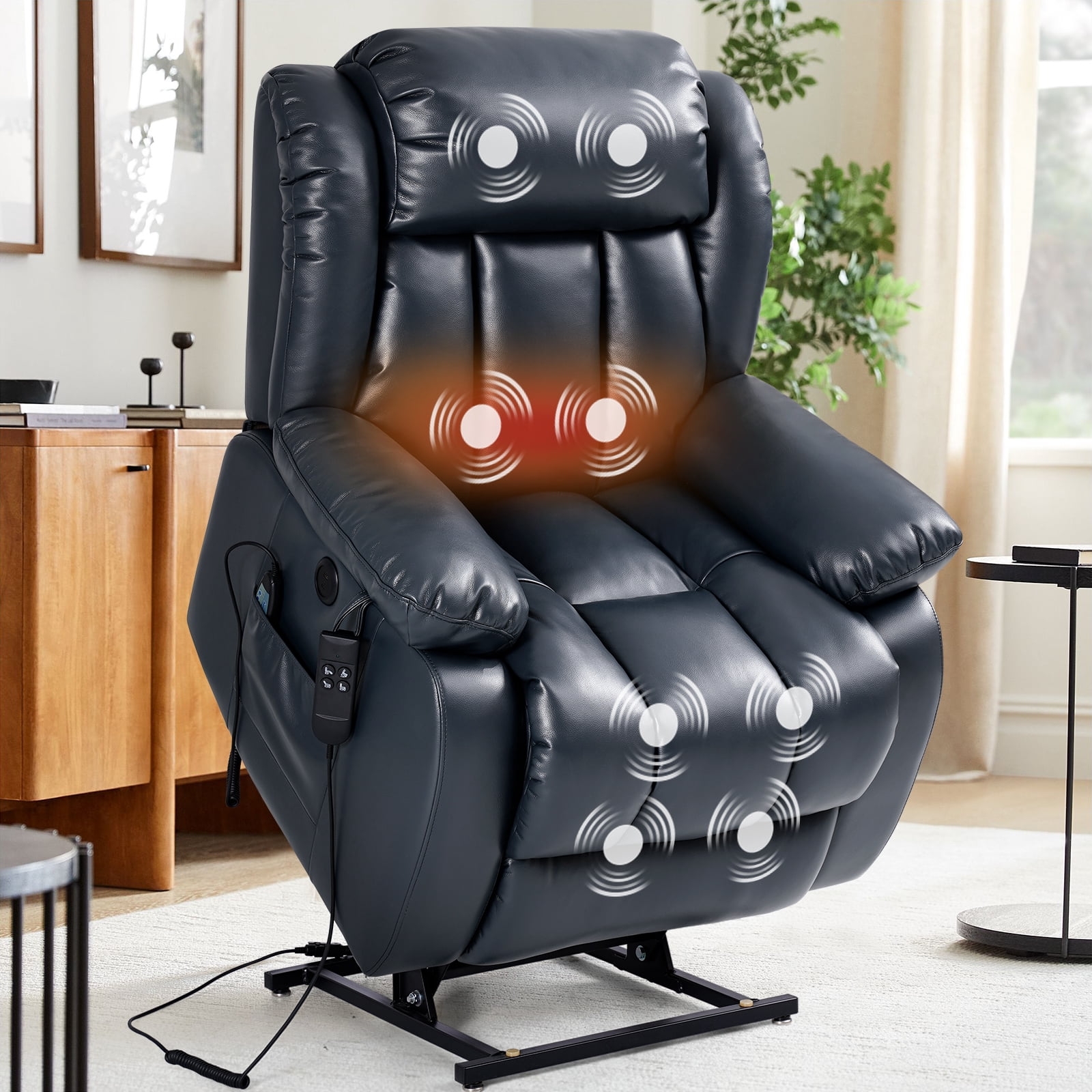 TEKAMON Infinite Position Lift Recliner Chair for Elderly with Heat and Massage Lay Flat Sleeping Leather Dual Motor Power Lift Chair for Living Room (Blue)