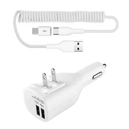 Coiled USB Cable 2-in-1 Car Home Charger for iPhone 16/Pro/Max/Plus - Micro-USB to USB-C Adapter Charger Cord Power Wire Folding Prongs White