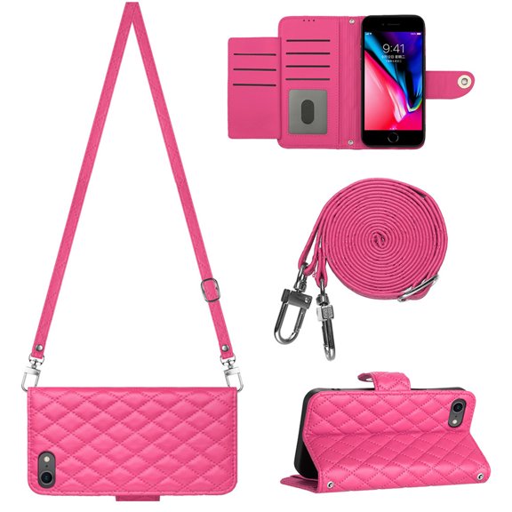 Allytechgroup Wallet Case for iPhone 16e with Card Cash Slots, Luxury Premium PU Leather Kickstand Shoulder Strap Lanyard Shockproof Anti-Fall Full Body Protective Flip Shell, Rose
