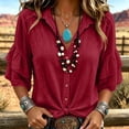 thumbnail image 2 of Tops for Women 3/4 Sleeve Collared Women Solid Western Linen Cotton Button Down Tiered Ruffle Blouse, 2 of 7