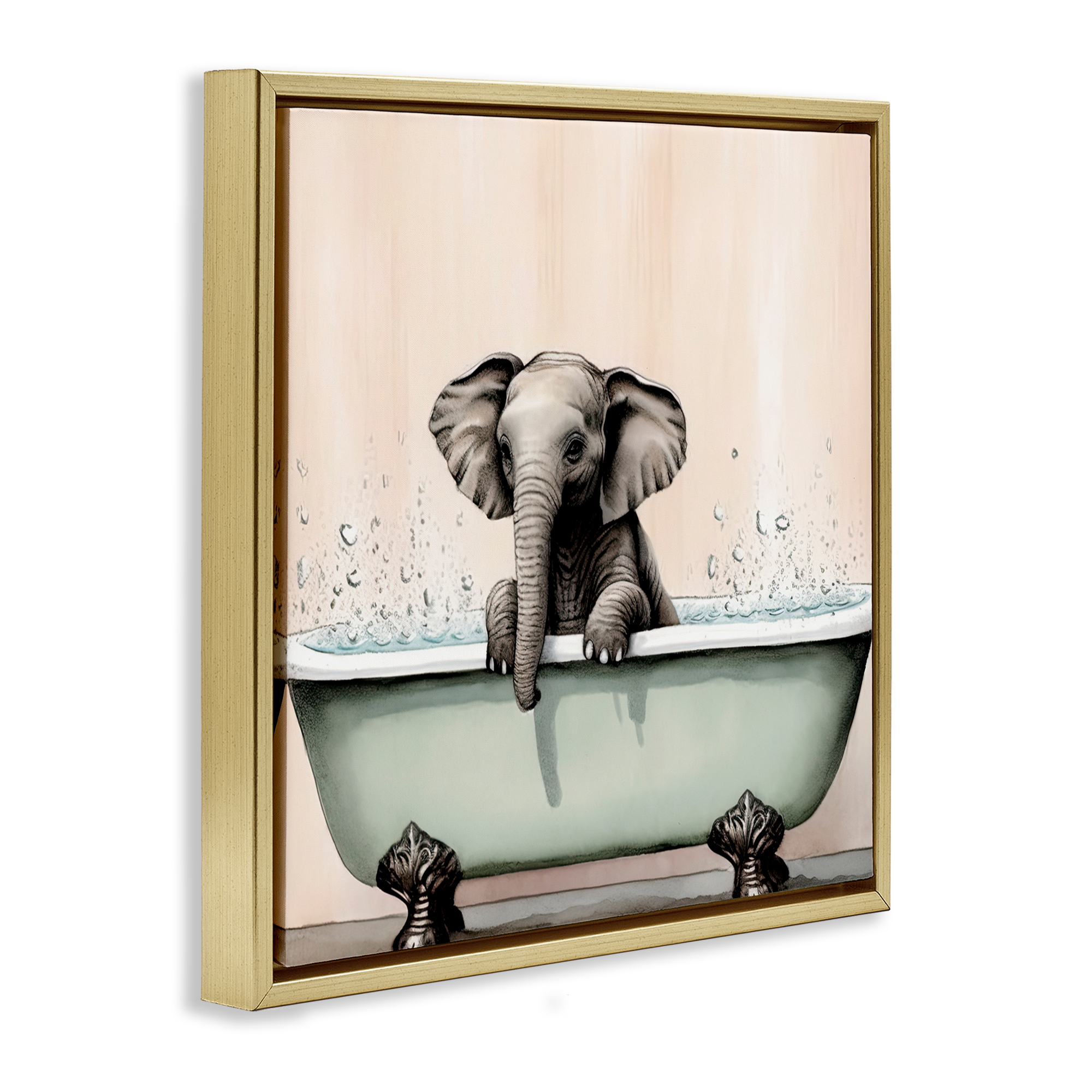 Baby Elephant Bathtime Gold Framed Floater Canvas Wall Art, design by Sasha