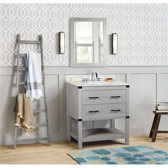 Bellaterra Home 31 Inch Single Vanity in Gray Pine Finish with White Quartz Top, Oval Sink