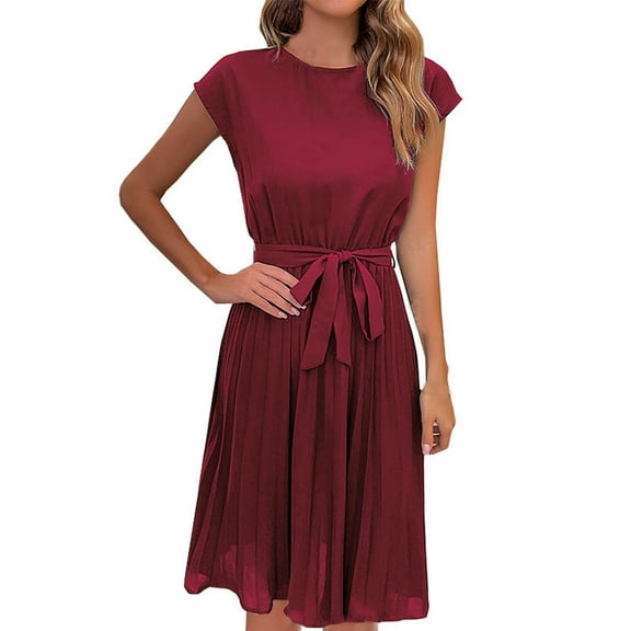 Bigersell Women Dresses Plus Women's Casual Fashion Summer Short Sleeve Round Neck Solid Color Pleated Dress Female Dresses Women Shirt Dress Dresses, Style 30444, Wine XL