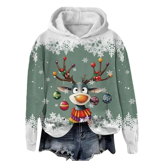WILLBEST Sudadera Deportiva para Mujer, Estilo Casual, con Estampado Navideño de Ciervos con Cabeza Grande y Copos de Nieve, Cuello Redondo, Manga Larga y Capucha Ligera Chica