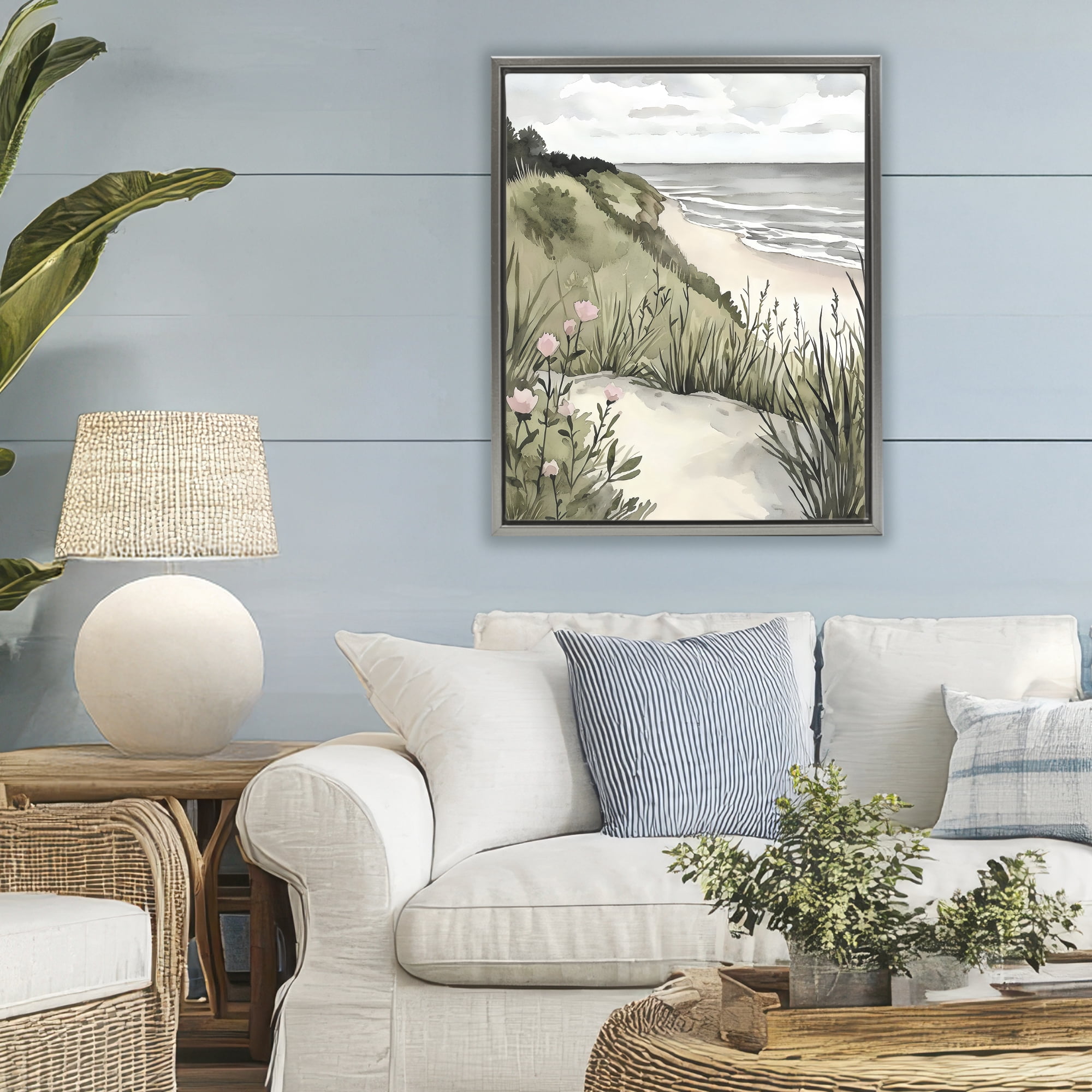 Stupell Industries Coastal Calm on Sandy Dunes Gray Framed Floater Canvas Wall Art, design by Riley B