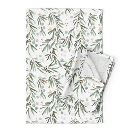 

Printed Tea Towel Linen Cotton Canvas - Leaves Olive Sage Branches Eucalyptus Sprigs Australian Flora Print Decorative Kitchen Towel by Spoonflower