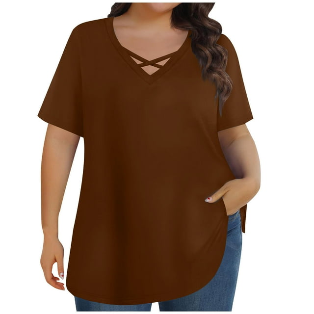 VSSSJ Hauts à Col en V Croisé pour Femmes Grande Taille Coupe Décontractée Manches Courtes Été Chemise Décontractée Confortable Marron XXXXL