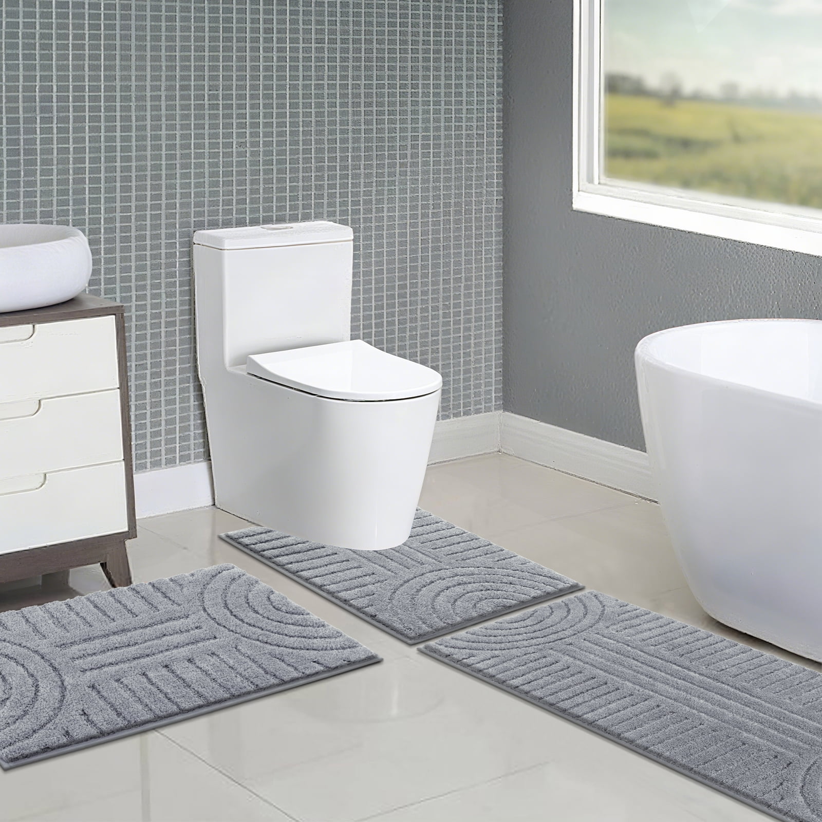 Bathroom Rugs Sets 3 Piece, Soft Absorbent Microfiber Bath Mats and U-Shaped Contour Toilet Rug, Plush Shaggy Bath Mat Set for Bathroom