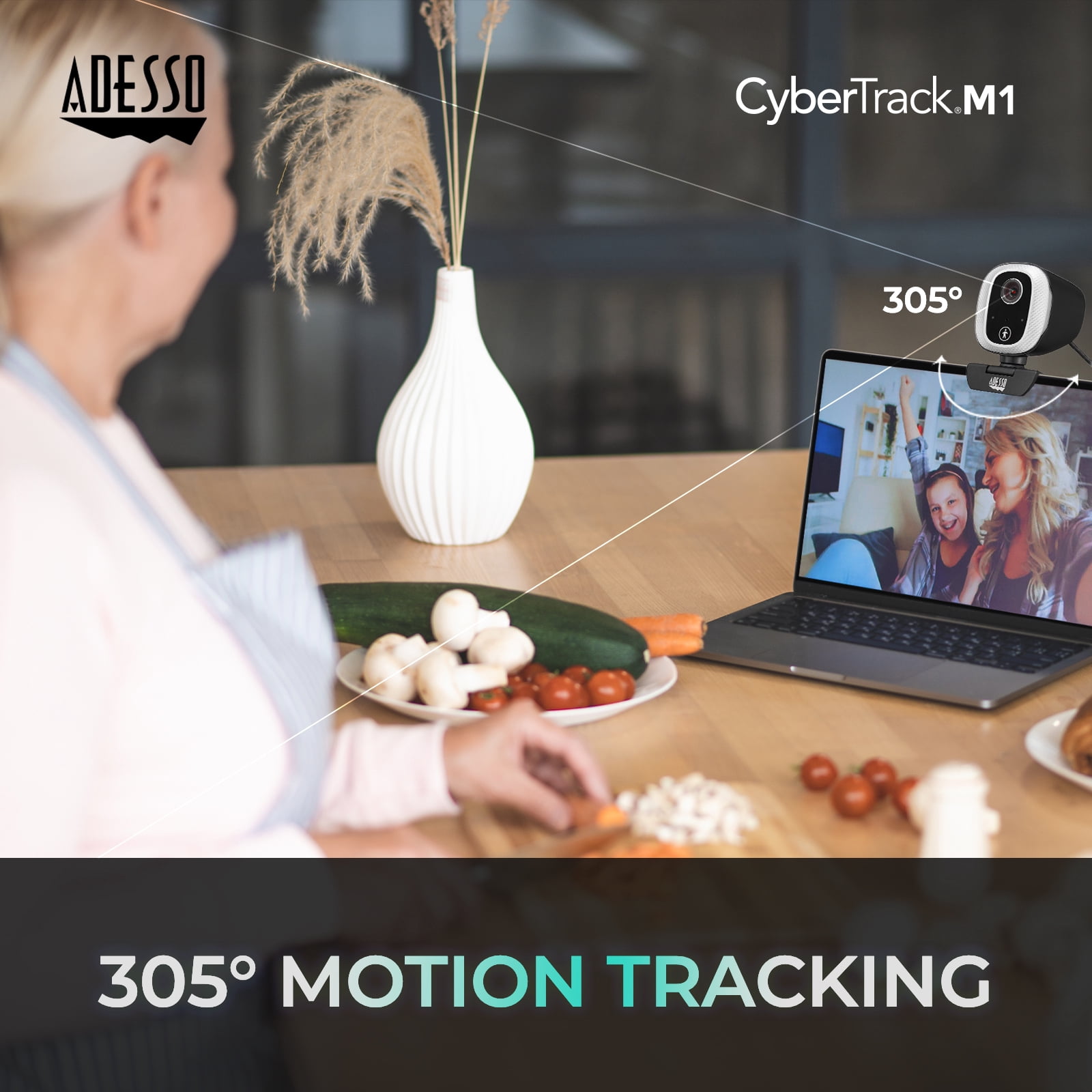 Adesso Motion Tracking 1080P HD H.264 Fixed Focus USB Webcam, Built-in Microphone, and Tripod Mount CyberTrack M1