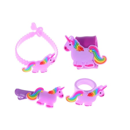 

4pcs Cartoon Unicorn PVC Ring Bracelet Hair Clip Clap Ring Kids Playing Toys Purple