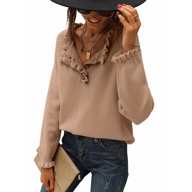 Women Sweaters Fall Winter Clothes Long Sleeve Button Up Ruffle Crew Neck Casual Knitted Pullover Tops Khaki L