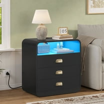 Nightstand with Charging Station and LED Lights, Modern Bedside Table W/3 Storage Drawers, Curved Profile Design, Classic Black
