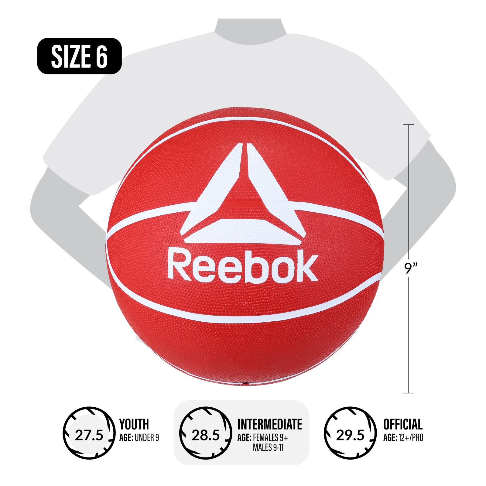 Reebok Size 6 Basketball with inflatable Pump - Durable Rubber Basketball for Indoor & Outdoor Play, Red – Official Size 6 Basketball for Adults and Teens