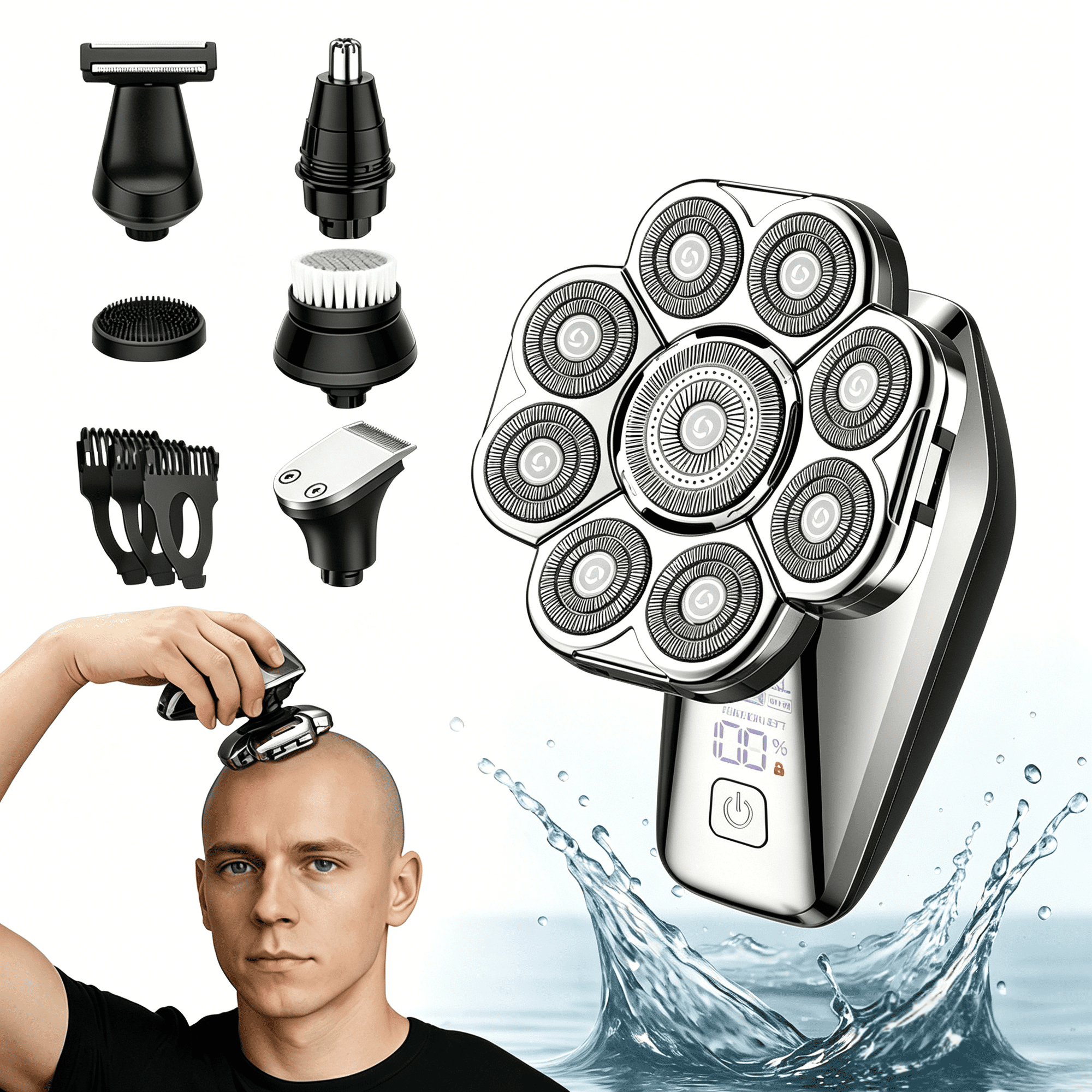 9D Head Shavers for Bald Men, Portable Head Shavers with Travel Lock, IPX7 Waterproof Wet Dry Rotary Electric Razor, Unisex 6-in-1 Detachable Grooming Kit, LED Display & Type-C Fast Charging