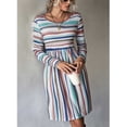 thumbnail image 4 of Vestido de manga larga con cuello redondo, estampado de rayas, hasta la rodilla, vestido informal de línea A para otoño, color caqui S, 4 of 7