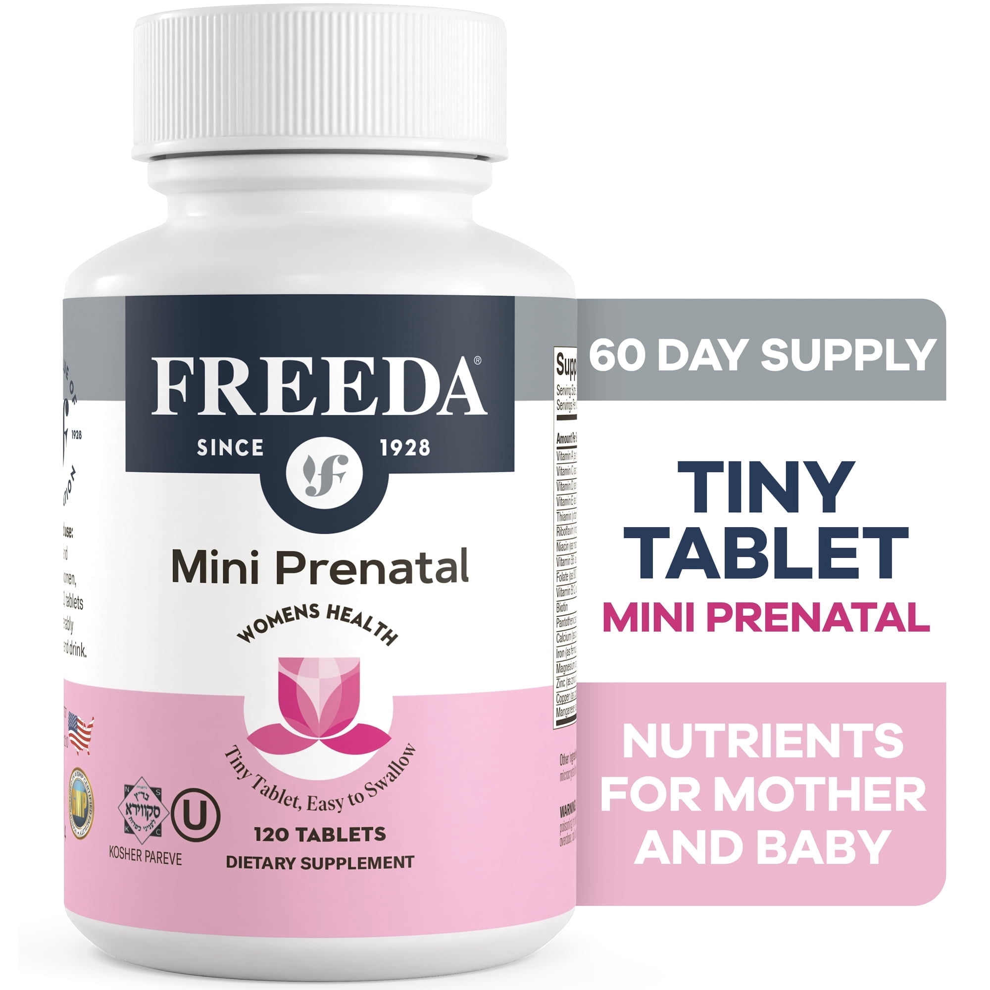 Freeda Mini Prenatal Vitamin Tiny Easy-to-Swallow Tablets with Iron, Methylfolate & Vitamin D | Prenatal Support for Mom & Baby | 120 Count