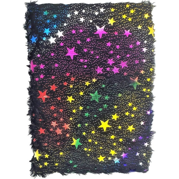 Black Fuzzy Rainbow Metallic Star Journal (60 White Blank Pages) 7" x 5". Great for Diary or Daily Journal!