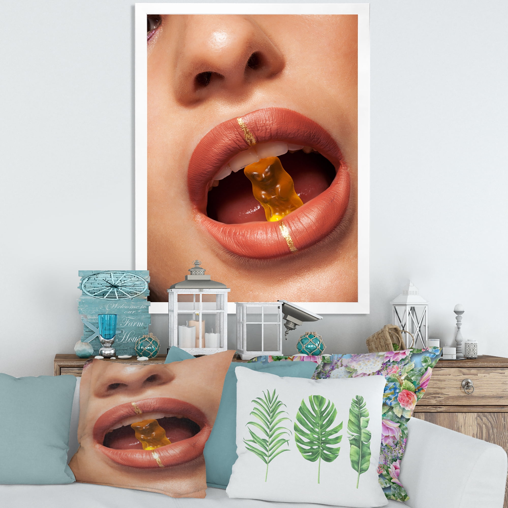 Designart 'Close Up VIew of Female Lips Biting Gummy Bear' Modern Framed Art Print