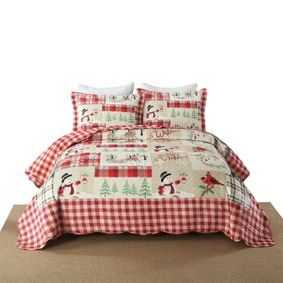 3-Piece Plaid Velvet Quilted Oversized Christmas Quilt Set – Cozy Holiday Bedding with Festive Pattern