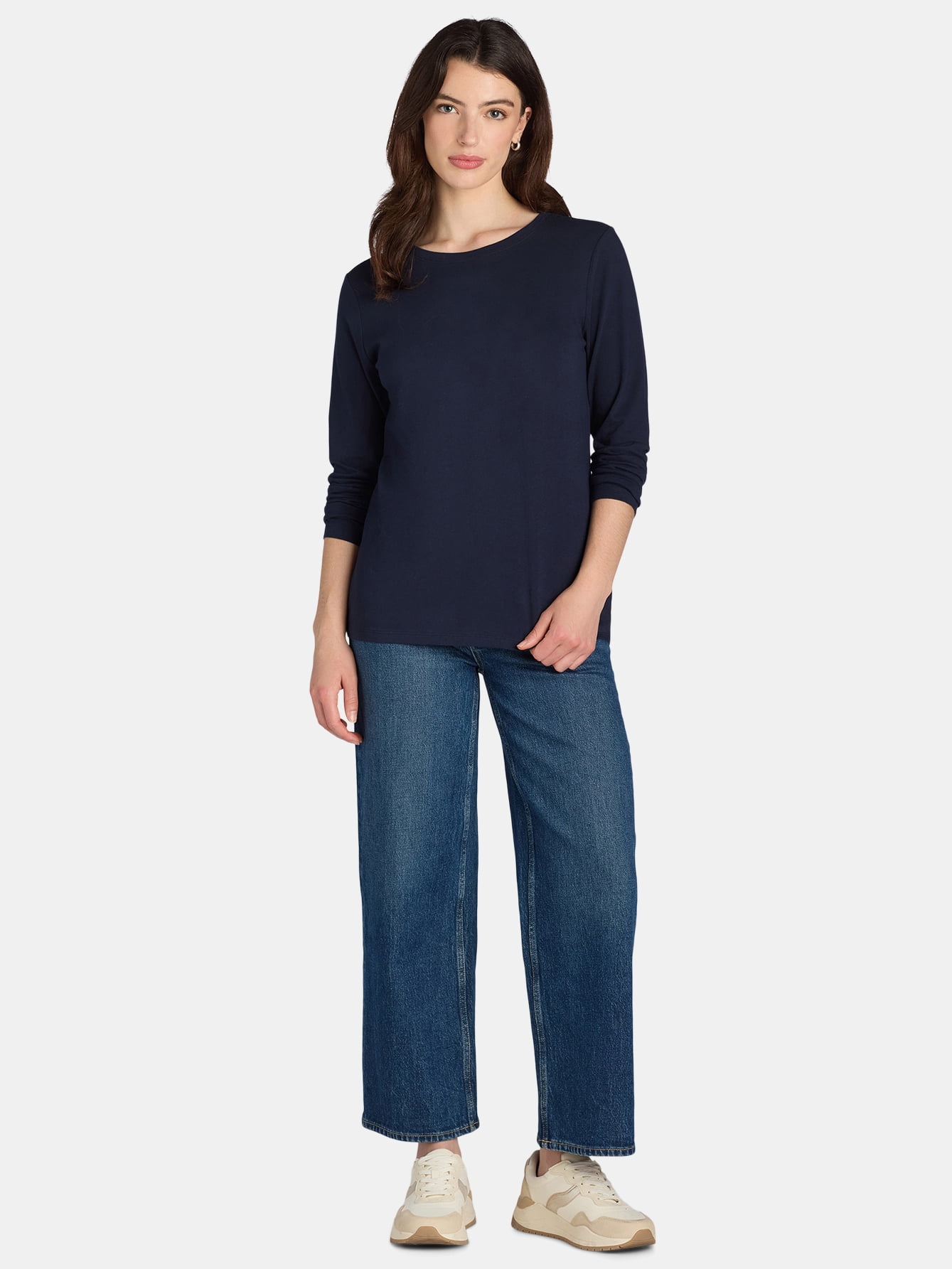 Time and Tru Women's Cotton Crewneck Tee with Long Sleeves, Single and 3 Pack, Sizes XS-XXXL