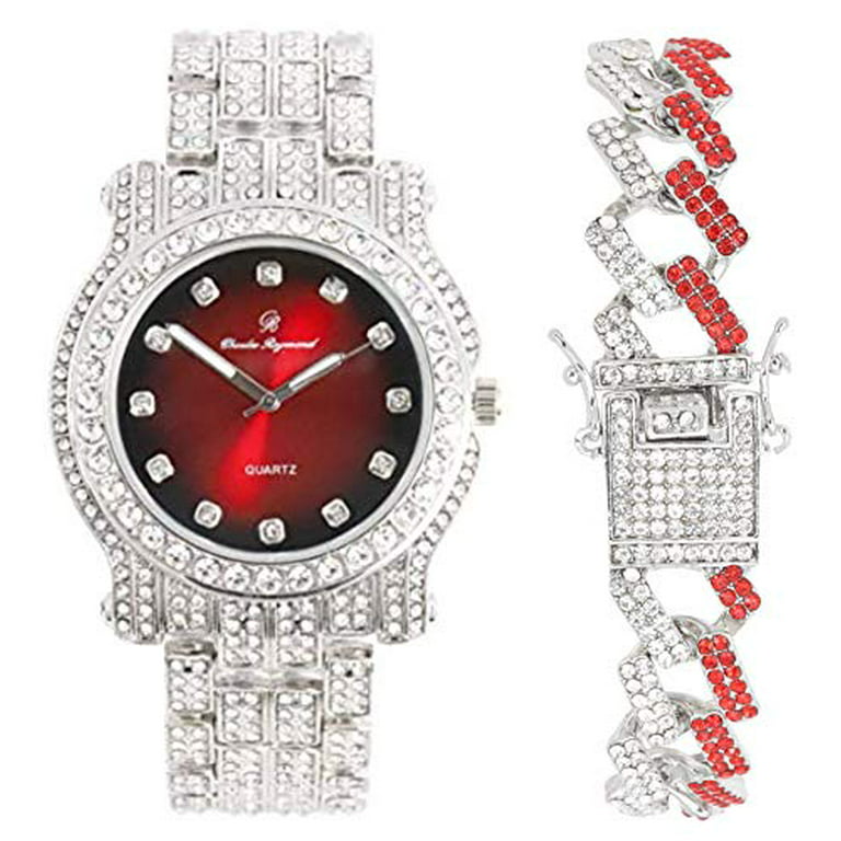 dash jeg er tørstig Microbe Charles Raymond Blinged Out Silver Round Hip Hop Luxury Mens Watch w/Iced  Out Bracelet - (L0504DXB ZZ Silver Blood Red) - Walmart.com