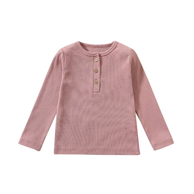 MeetoTime Boys Girls Cotton T-Shirts Long Sleeve Button Pullover Soft Basic Crew Neck Tops
