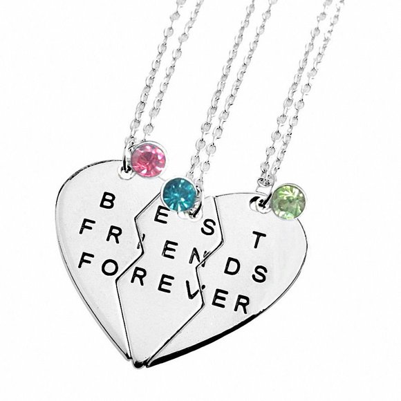 TISDA Best Friends Forever Set of three Necklaces with Shiny crystal on Puzzle Heart Pendants (white)