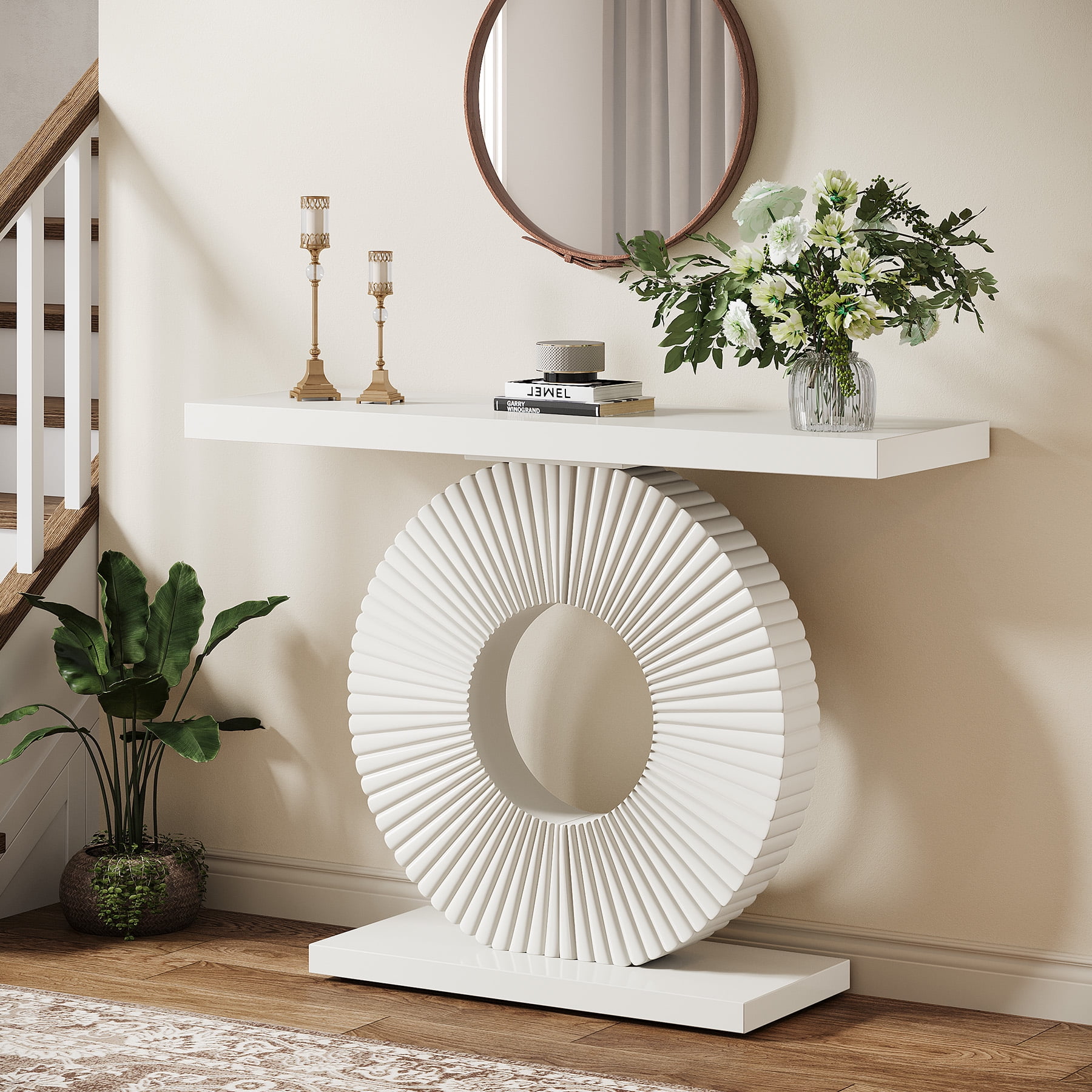 Fnova Console Table, 40" Wood Modern Art Narrow Long Side Table, Entryway Table with Round Base, Sofa Table, Accent Table for Living Room, Entryway, Hallway, White