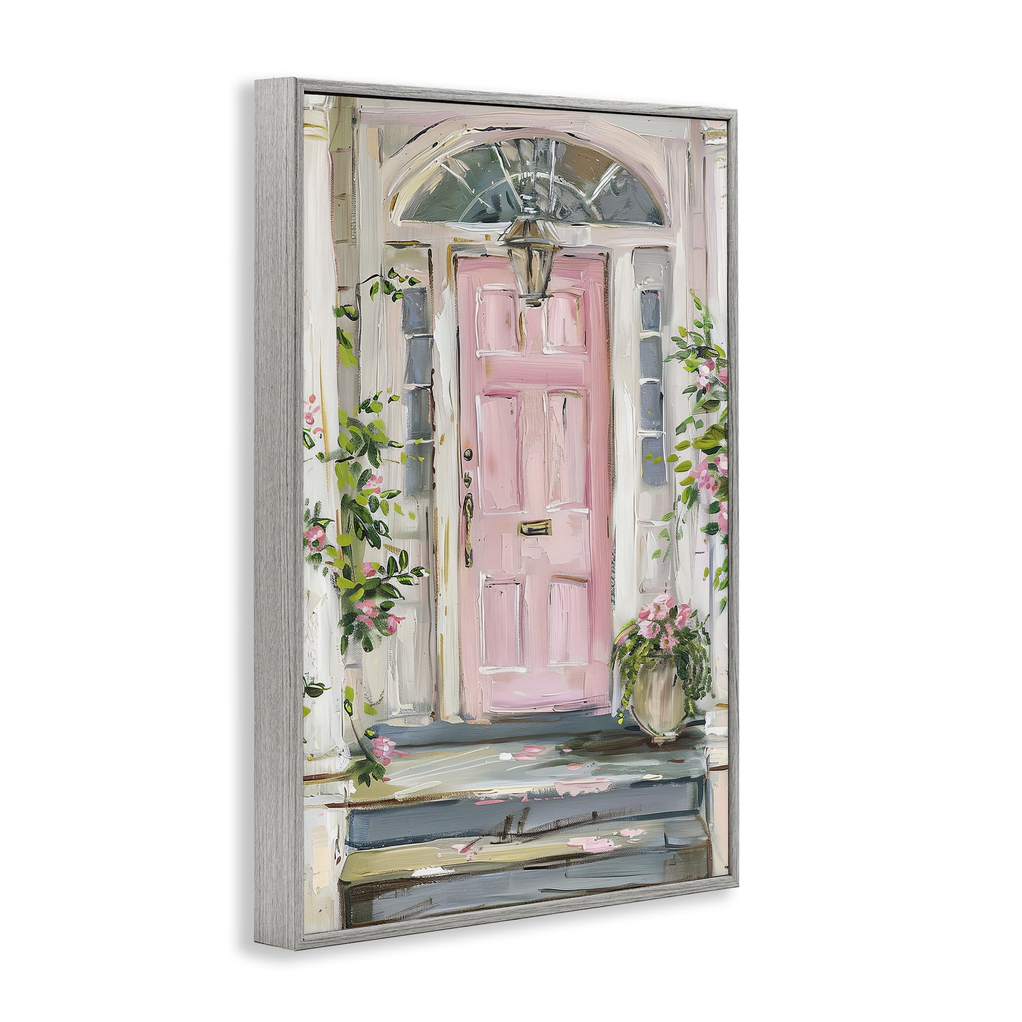 Stupell Industries Pink Door Welcome Town & City Painting Gray Framed Art Print Wall Art, 20 x 30