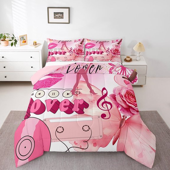 Erosebridal Butterfly Flower Bedding Twin Comforter Set,Music Theme Down Comforter,Pink Lips Bedding Sets Twin with Comforter,Super Cozy Melody Room Decor,Reversible,3pcs