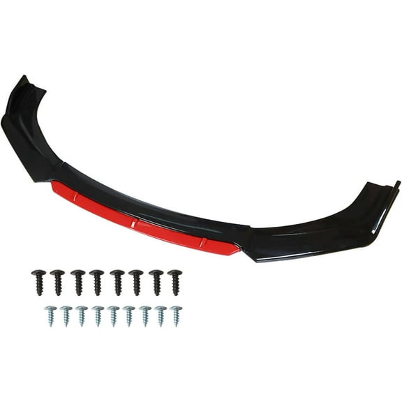 waltyotur Universal Front Bumper Lip 4 Pieces Kits Spoiler Splitter 2 Layer Lip Glossy Black with Red Tongue