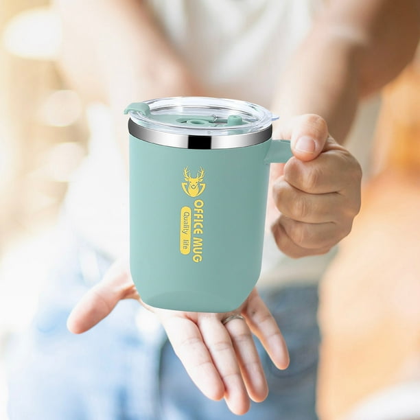 Taza térmica reutilizable de acero inoxidable con doble pared y aislamiento al vacío, con asa y tapa antiderrame para café y té. Ideal para el hogar, la oficina y viajes.