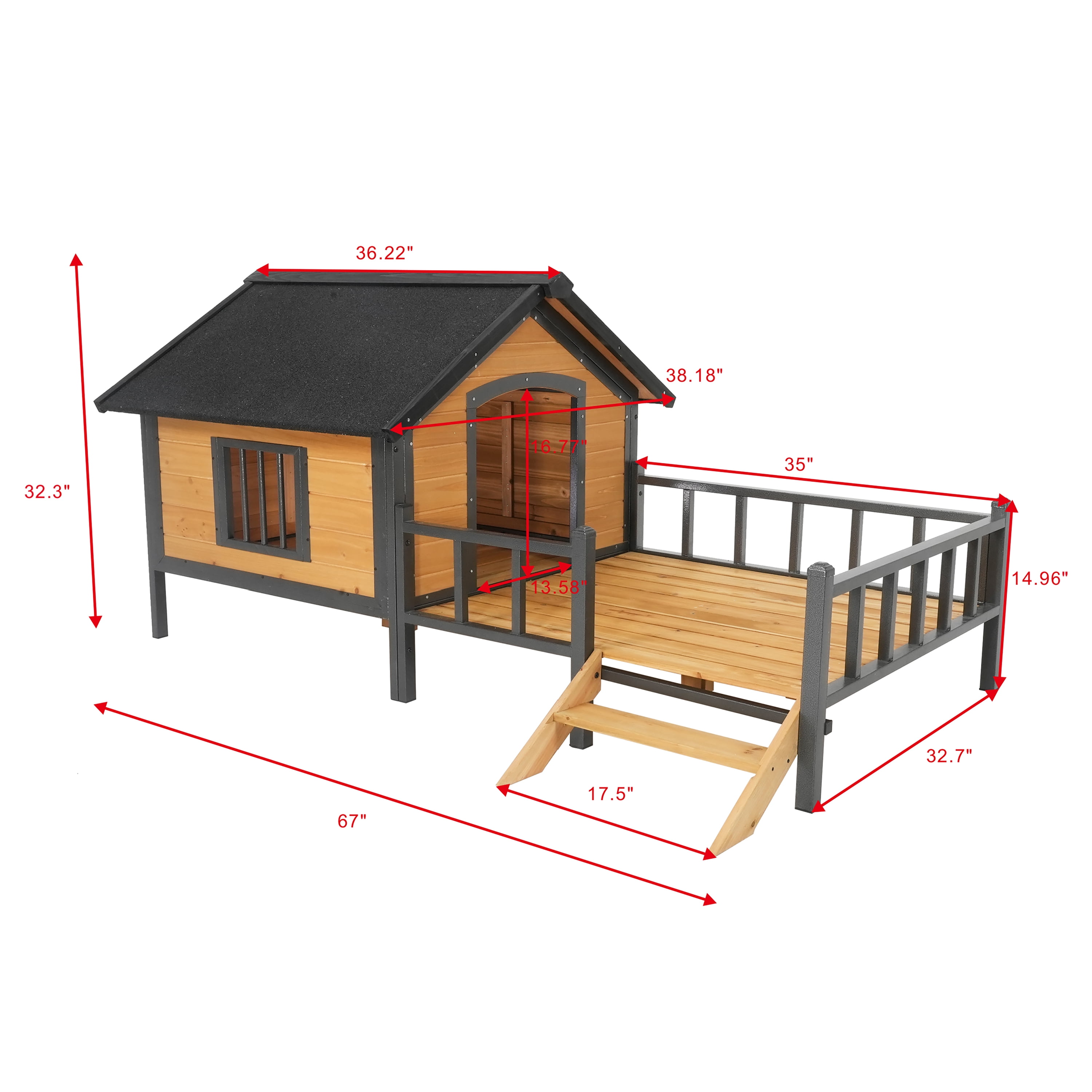 imerelez All-Around Iron Frame Outdoor Large Wooden Dog Kennel with Porch, Honey Color, Extra Large for 71-90 lbs, Waterproof Asphalt Roof, Anti-Chewing Metal Frame
