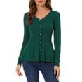 thumbnail image 1 of INSPIRE CHIC Chandail à Basque pour Femme Col en V Manches Longues Tricot Côtelé Hauts TP Vert Foncé, 1 of 7