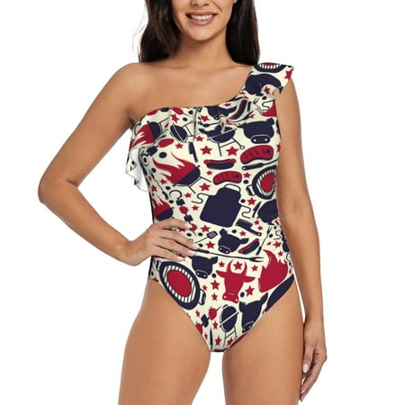 Salouo Barbeque1 Pattern One Shoulder Ruffled One Piece Swimsuit for Women V Neck Swimwear Tummy Control Bathing Suit-X-Large