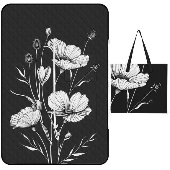 Black And White Ink Flower Waterproof Picnic Blanket with Foldable Zipper, Suitable for Outdoor Use, Suitable for Travel, Camping, Beaches, Parks, Grasslands, Picnic Blanket Accessories