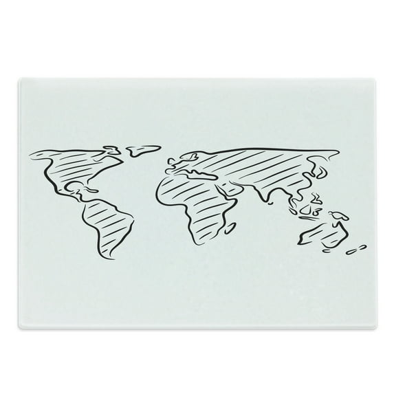 World Map Cutting Board, Illustration of Outline Sketch of the World Map in Drawing Effect Art Print, Decorative Tempered Glass Cutting and Serving Board, Large Size, Black White, by Ambesonne