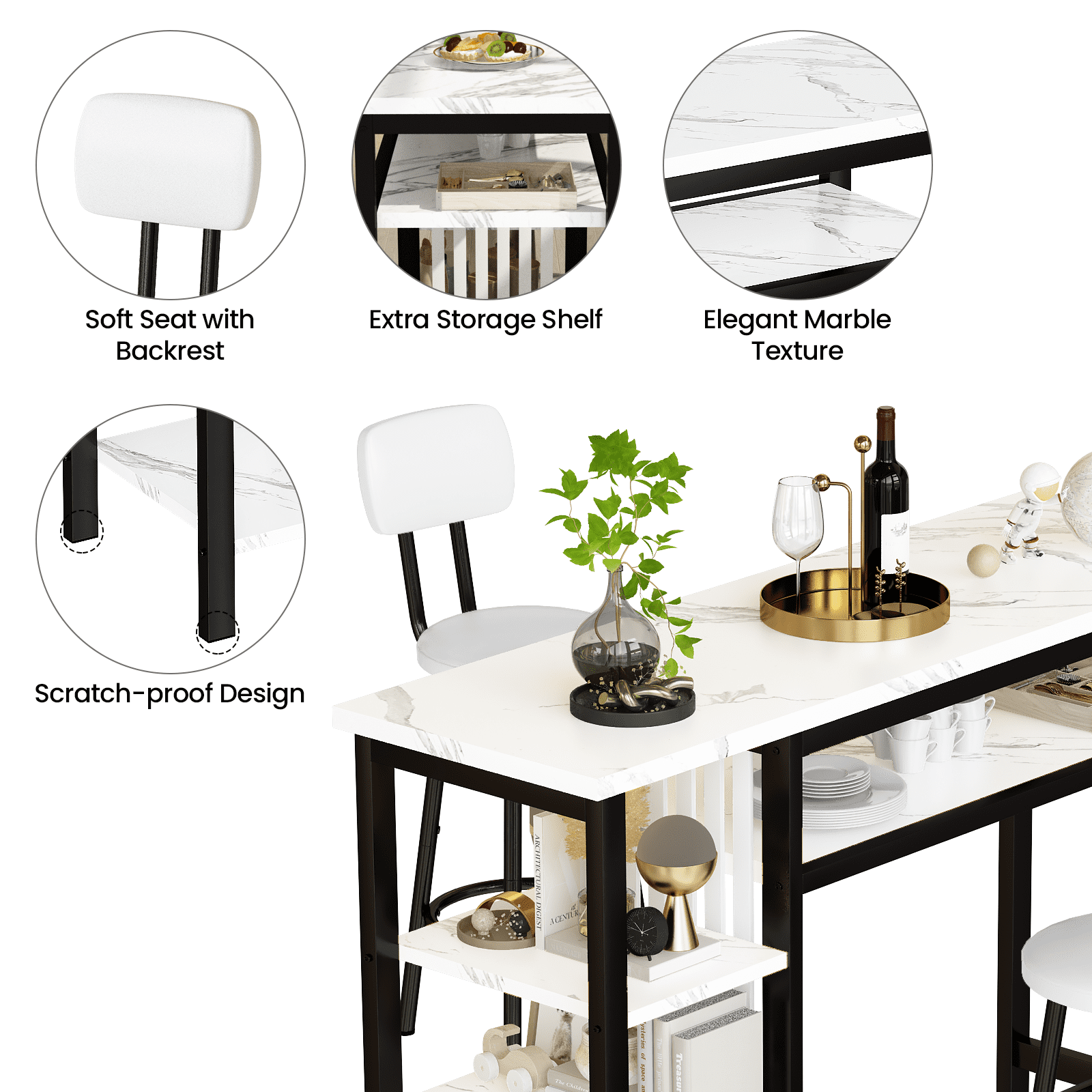 BAXLUXE Bar Table and Chairs Set for 2,Small Dining Table with Storage,Faux Marble High Kitchen Bar Table Breakfast Nook Set Eating Table, White