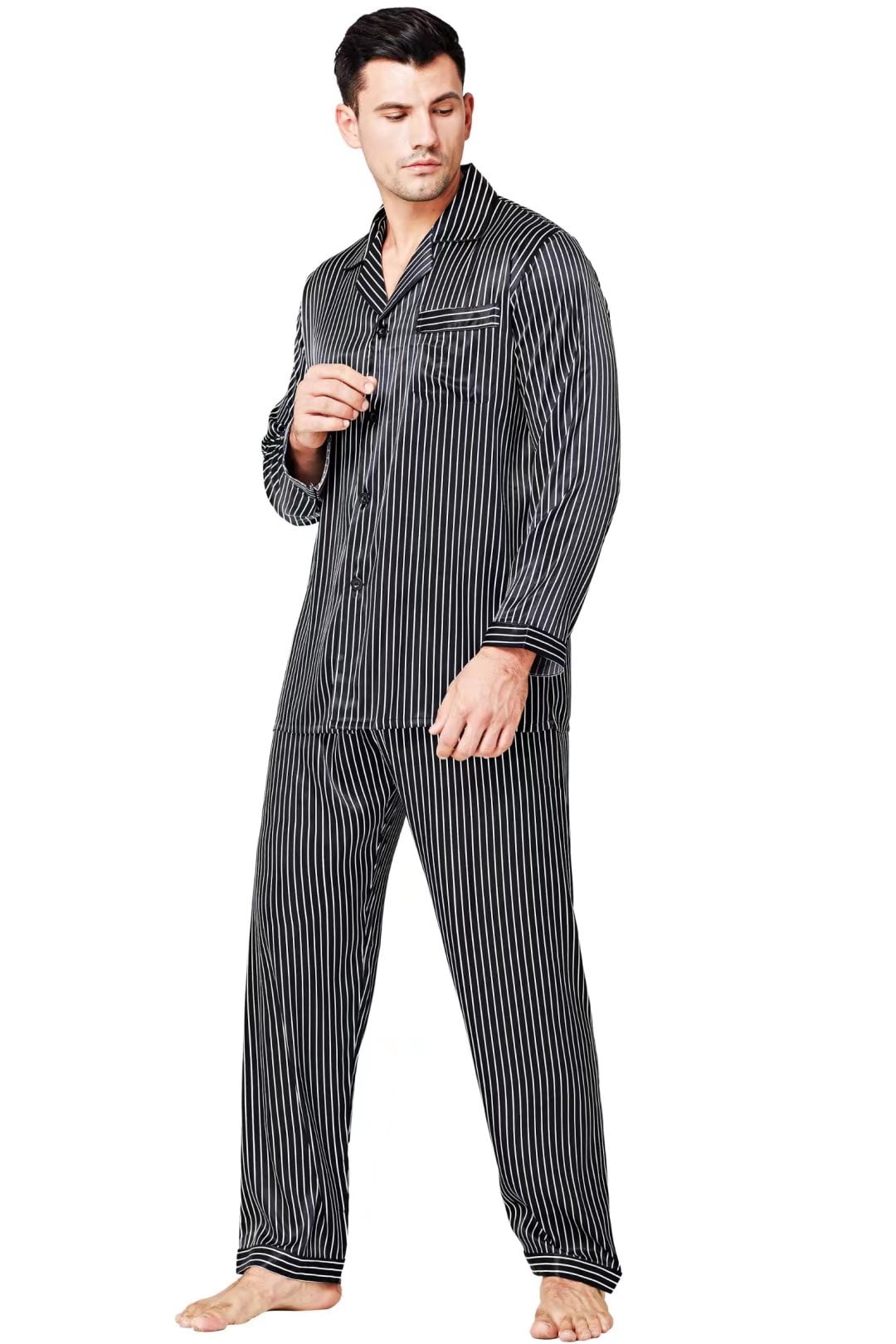 Lonxu Pajamas Set Mens Silk Satin Pajamas Long Sleeve Loungewear Two-Piece Sleepwear Button-Down Pj Set S-XXXXL
