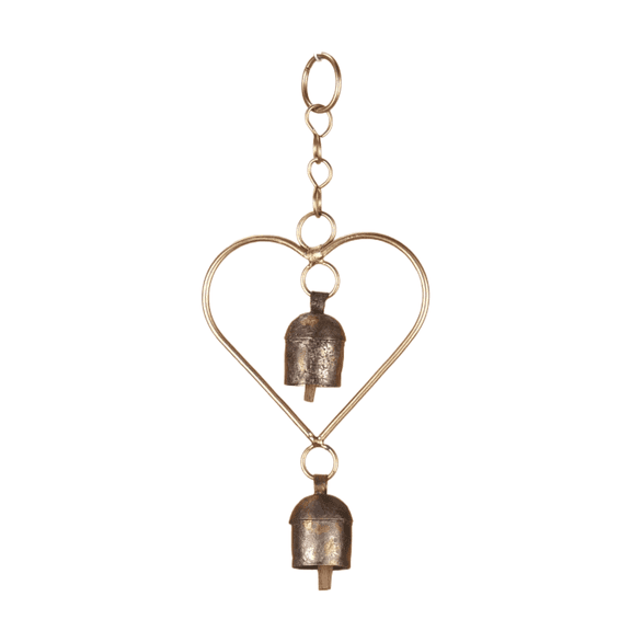 Vivanta Heart-Shaped Rustic Bell Decor 8.5 Inch Bronze Metal Hanging Holidays Wind Chimes, Antique Brass Finish, Indoor Outdoor