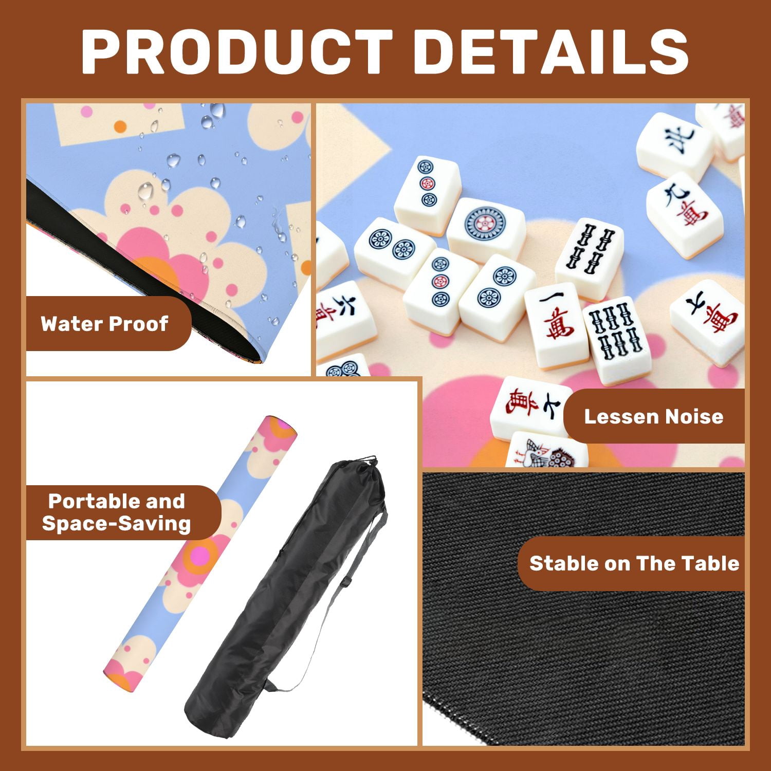 Mahjong Mat 31.5" x 31.5" Floral Geometric Pastel Tones Blue Non-Slip Noise Reduction American Mahjong Tiles Table Cover for Dominoes Poker Card Board Games Gift