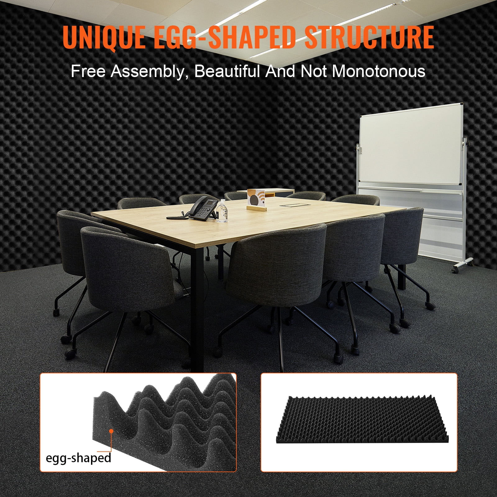 KFFKFF Acoustic Foam Panels, 4-Pack 48 x 24 x 2 Inches, Egg-Crate Design Soundproof Wall Panels,  Sound Absorbing Panels for Studio Walls and Ceilings, Black