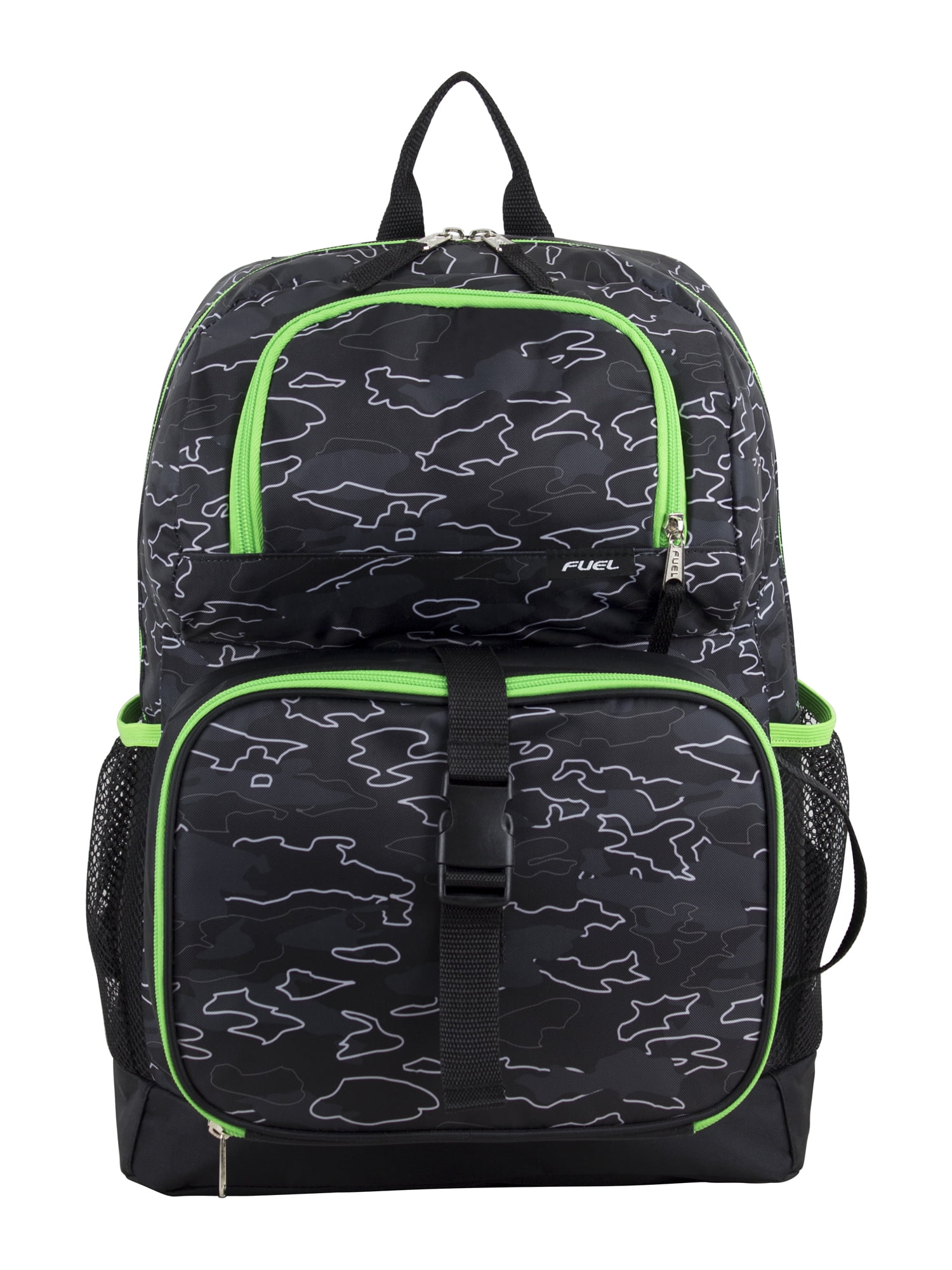 Fuel Unisex 4-Piece Combo Backpack with Lunch Box, Storage Case and Shoe Pouch, Midnight Neon Camoflauge