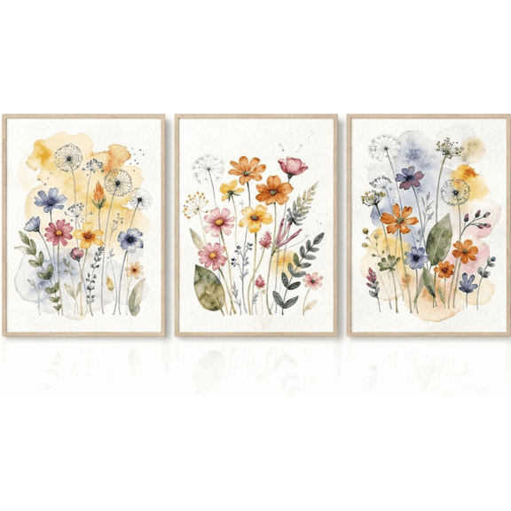 Watercolor Flower Canvas Wall Art Set of 3 Colorful Botanical Wall Art Minimalist Wildflower Prints for Bedroom Living Room 12x16 in Unframed