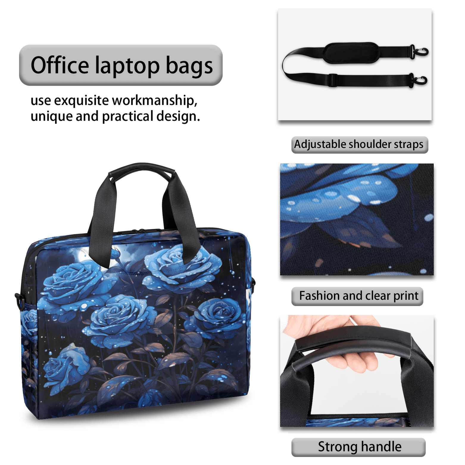Herdesigns Blue Flower Laptop Bag for Women Men, Computer Case Briefcase Messenger Bags, 15-15.6 inch Laptop Sleeve Shoulder Bag