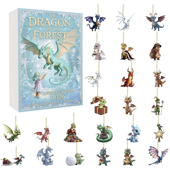 2026 Dragon Advent Calendar, 24 Day Christmas Countdown with forest Theme Dragon Designs, Daily Holiday Surprise Collection, Festive Seasonal Tabletop Decor Display, A