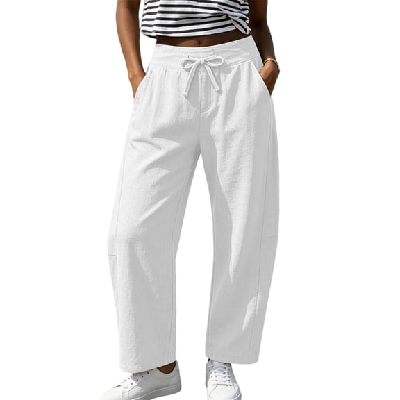 Summer Linen Pants for Women Wide Leg Palazzo Cotton Drawstring Casual Beach Vacation Boho Trousers with Pockets