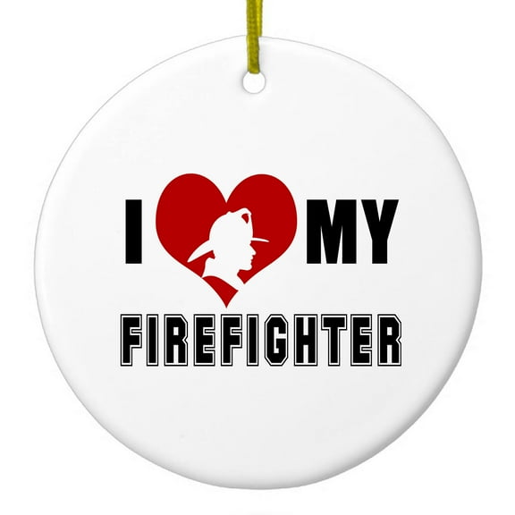 DistinctInk Hanging Ceramic Christmass Tree Ornament with Gold String - Great Gift / Present - 2 3/4 inch diameter - I Heart My Firefighter