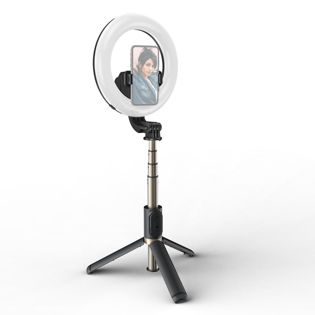 Multifunctional Selfie Stick Tripod 4 Section Extendable Selfie Stick with 6 Inch Large Ring Light Bi-color Temperature 9 Levels of Adjustable Brightness Detachable Remote Control for Selfie