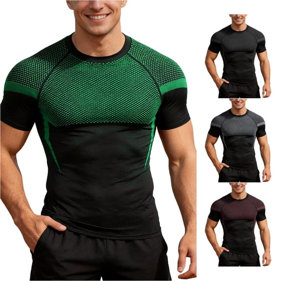 VNKIDY Mens Crew Neck Mesh Panel Compression Sport Tee Gym Workout Slim Fit Raglan Short Sleeve Quick Dry Stretchy Breathable Athletic Training Tops Soft Tees XXL